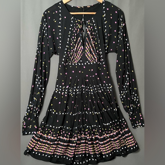 Free People S Black Multi Color Polka Dot Bishop Sleeve Open Back Mini Dress - Picture 6 of 10